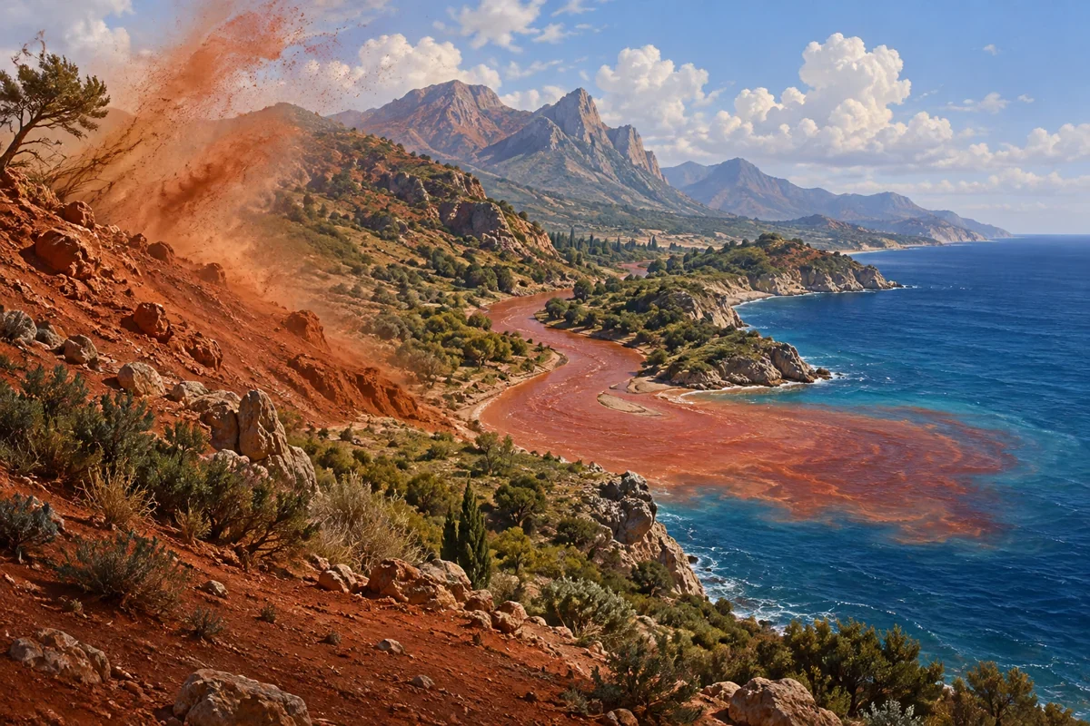 AI interpretation of Adonis’s red-river association. Landscape imagined.
