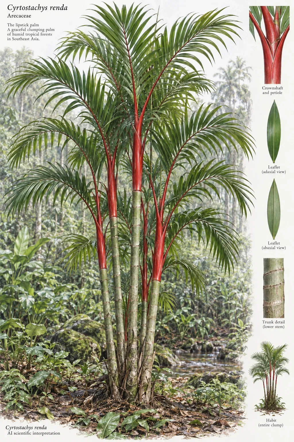 AI red palm crownshafts and green feather-like leaves.