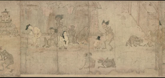 Emaciated hungry ghosts among human figures in a twelfth-century Japanese Hungry Ghosts Scroll
