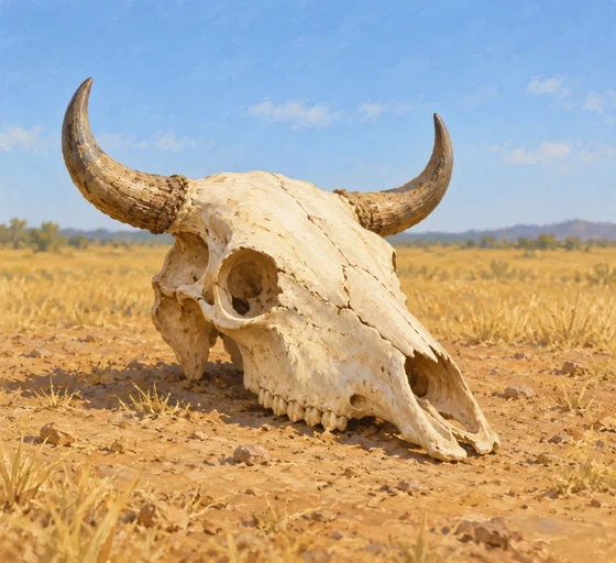 A pale weathered bovine skull rests on dry ground.