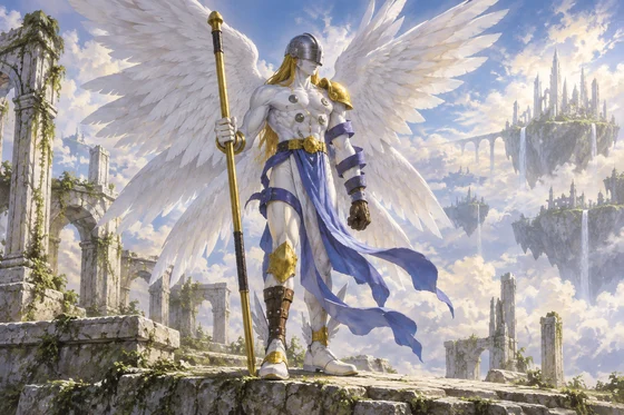 Winged helmeted humanoid carries a staff among pale ruins.