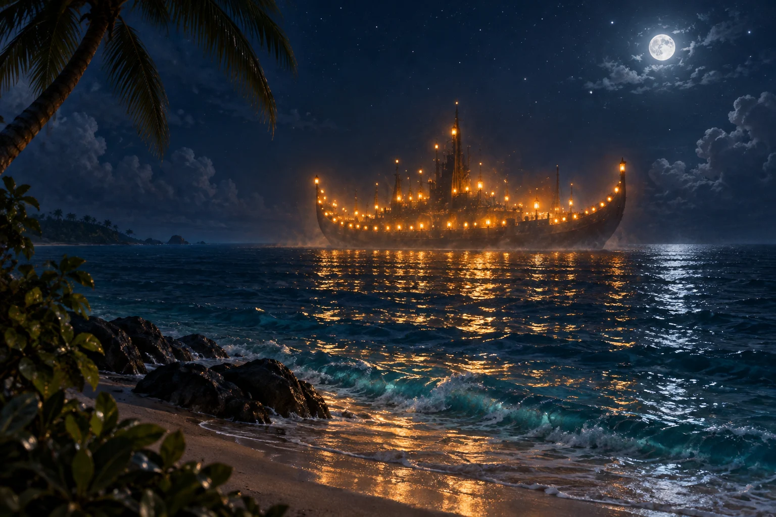 AI interpretation of Rannamaari’s ship-of-lights appearance. Vessel contour, lamps and shore imagined; selected narrative comparison, not historical vessel or spirit anatomy.