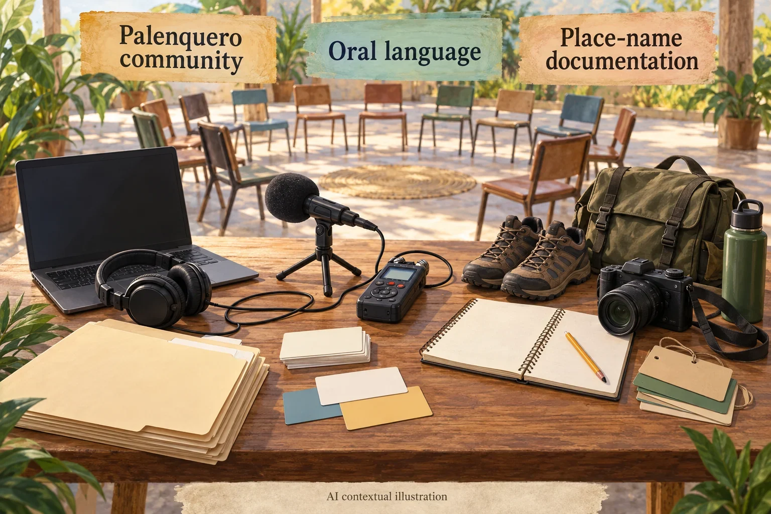 AI concept of Palenquero oral-language recording and participatory place-name documentation.