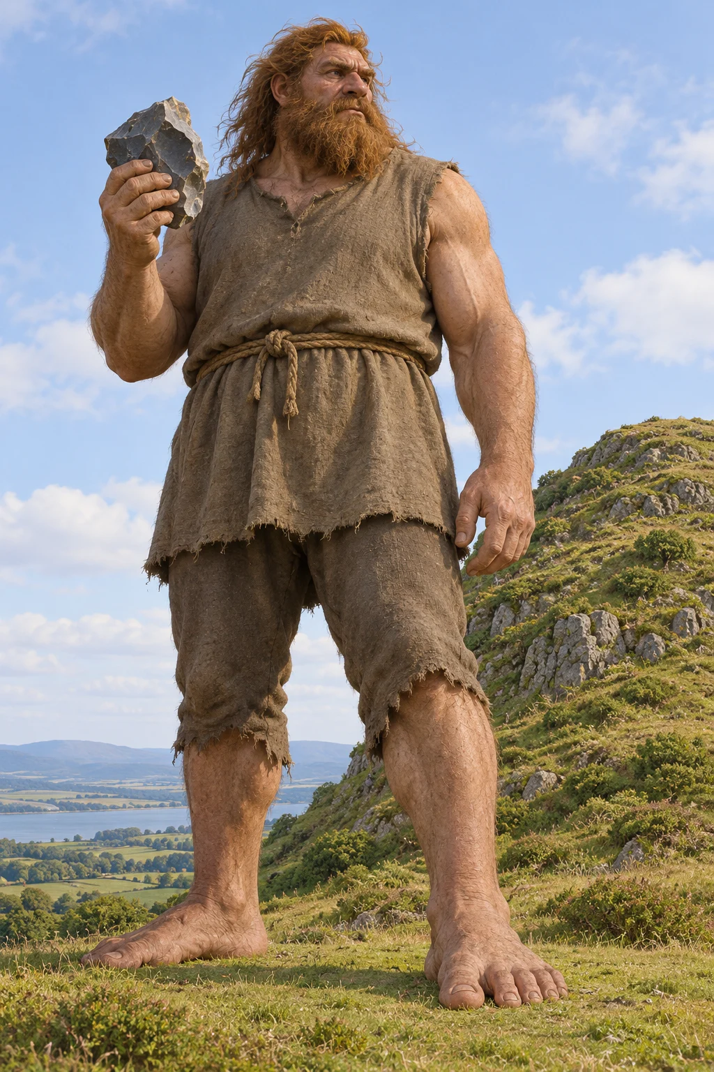 Imagined Stompe Pilt holding flint beside a hill.