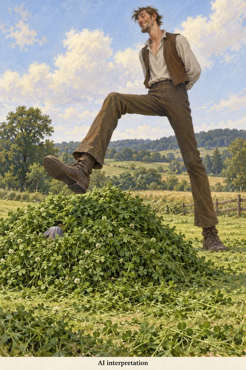 AI interpretation of Lange Wapper stepping over clover. Body, clothes and field imagined; the Waarloos episode.