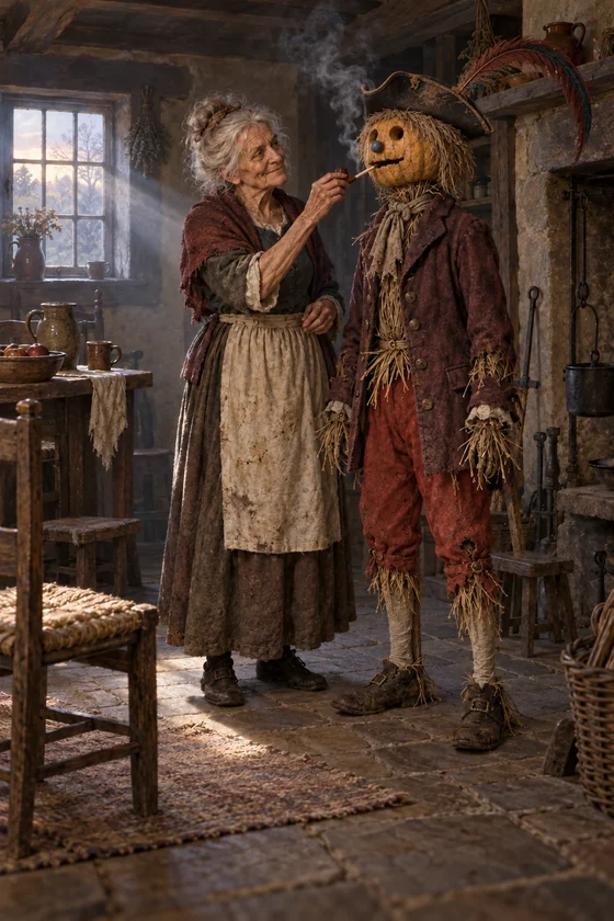 AI interpretation of Mother Rigby beginning the animation of her scarecrow with the bewitched pipe.