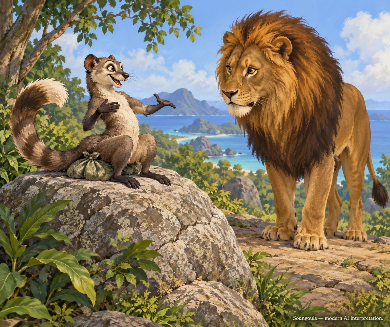 AI imagined Soungoula deceiving Lion beside a concealed food bundle.