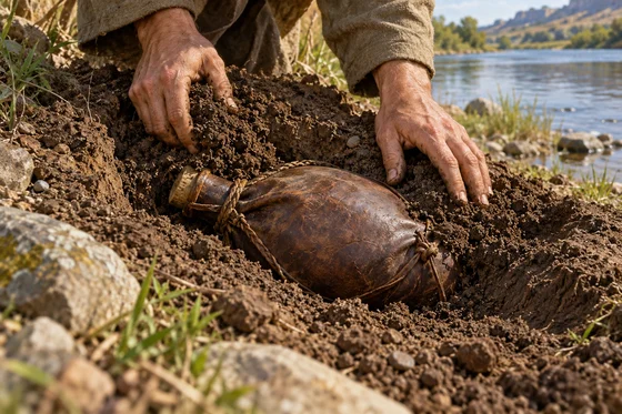 AI-generated narrative scene of a tied water-skin being buried beside a river