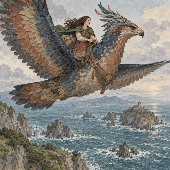 A large bird carries a clothed woman above the sea.
