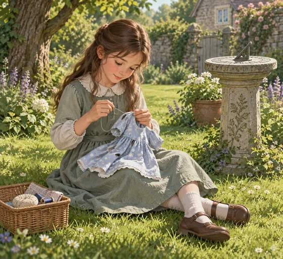 Imagined Jane mends her frock beside the sundial.