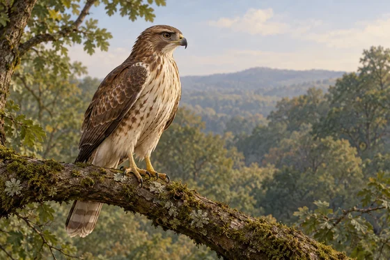 A brown hawk with a hooked beak and pale marked breast stands on a woodland branch.