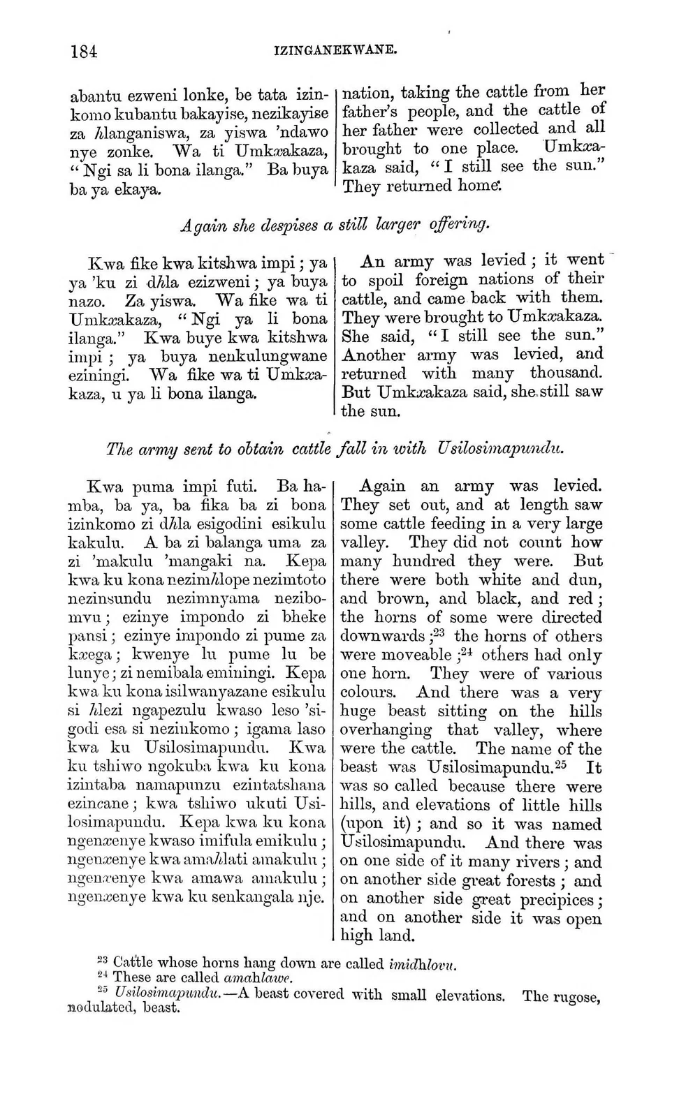 Usilosimapundu: documentary text witness, Callaway 1868, printed page 184; documentary source-page facsimile