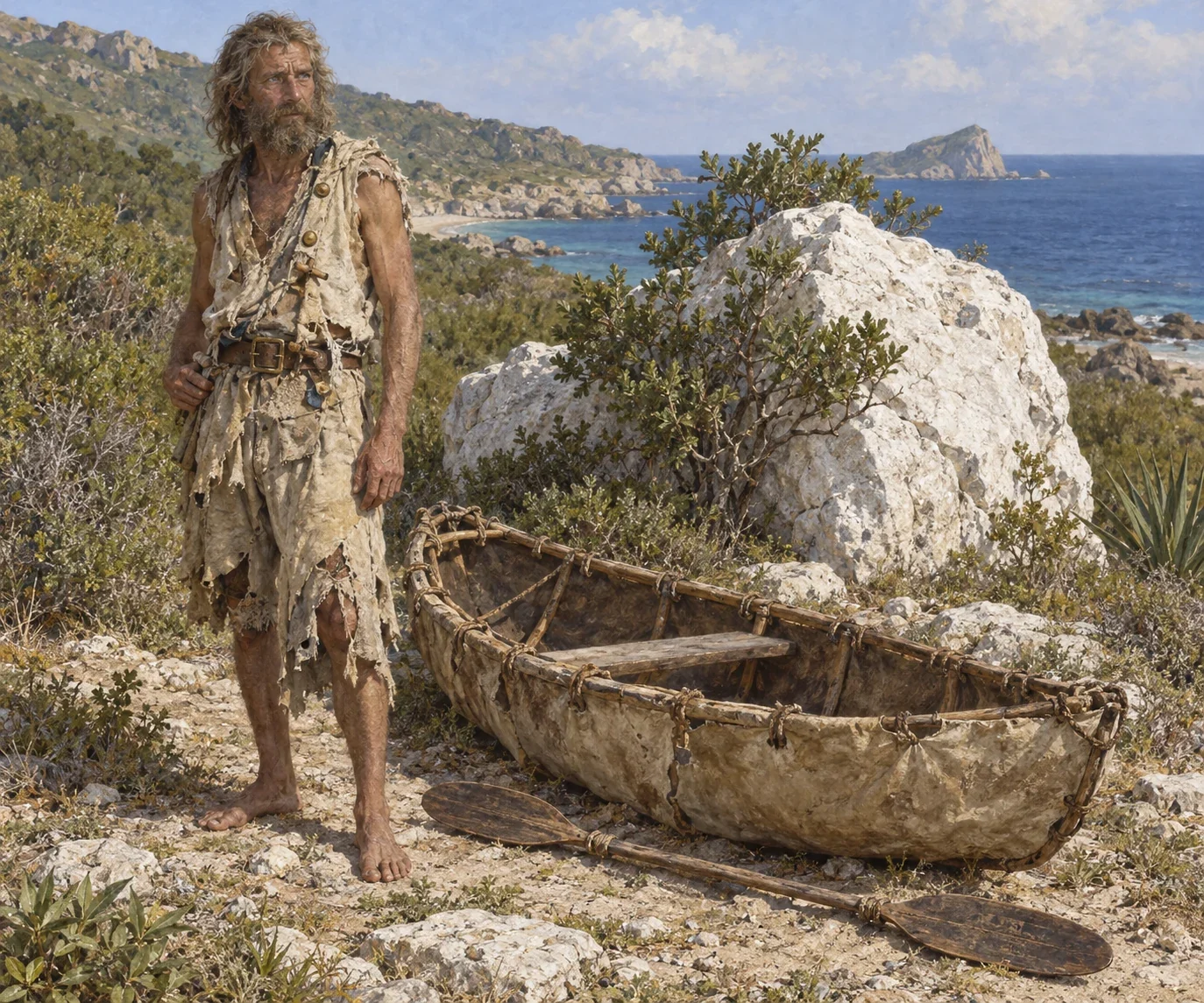 Unofficial AI contextual interpretation of Ben Gunn beside his hidden goat-skin boat and double paddle. Pose, facial details, boat outline and setting arrangement are imagined rather than a narrated simultaneous scene.