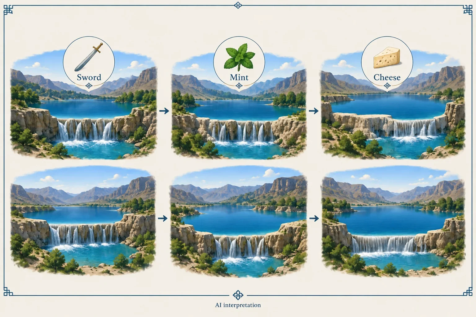 Six schematic lakes with three symbols