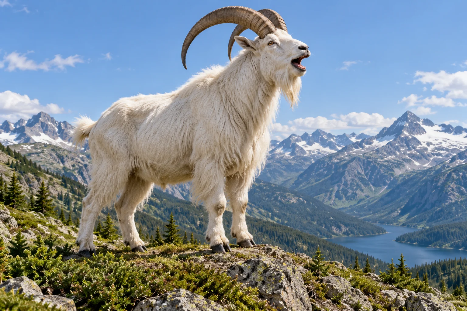 A whole enormous goat in an imagined mountain landscape.