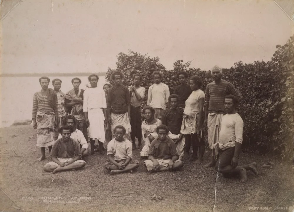 Historical group portrait titled Tongans at Mua, photographed by Burton Brothers in 1884, Te Papa O.002041