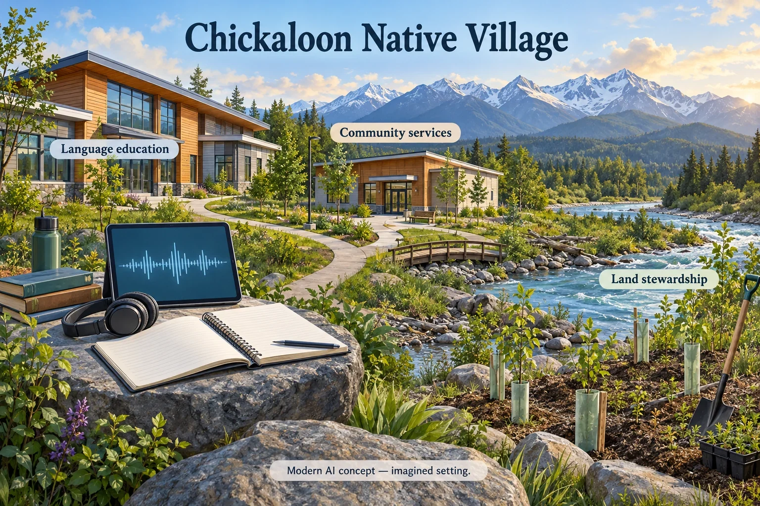 AI concept linking Chickaloon language education, services and land restoration.