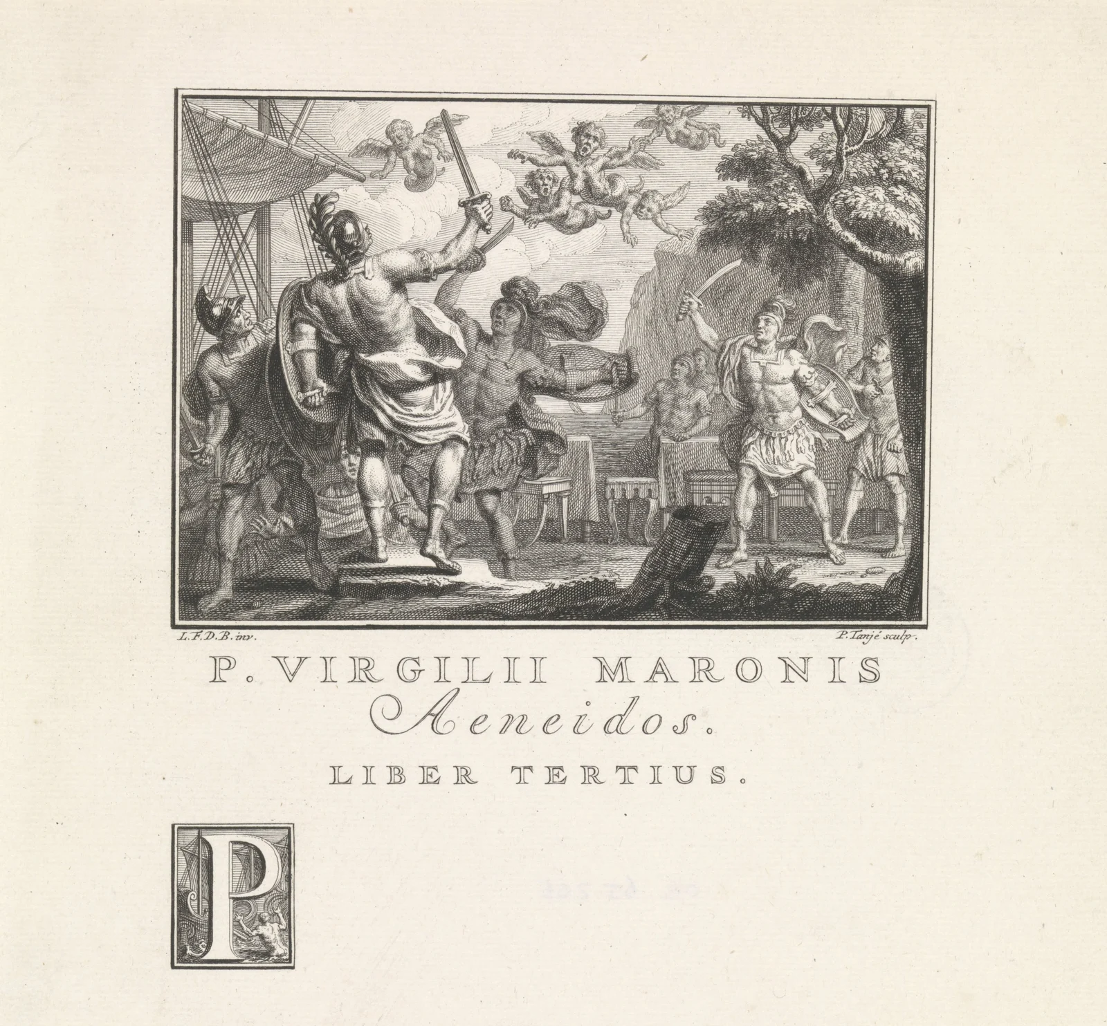 Aeneas and armed companions raise swords toward winged, human-faced Harpies above their meal beside a ship, in an eighteenth-century engraving.