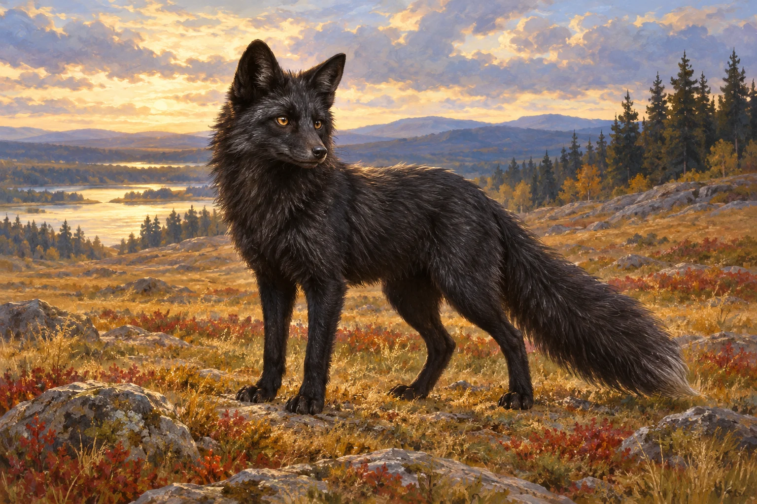 The black fox after escape; species, build and landscape interpretive, human disguise omitted.
