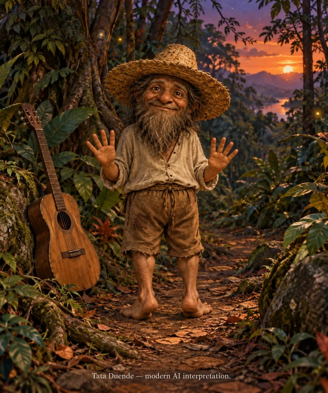 AI imagined Tata Duende with backward feet, no thumbs, a broad hat and guitar.