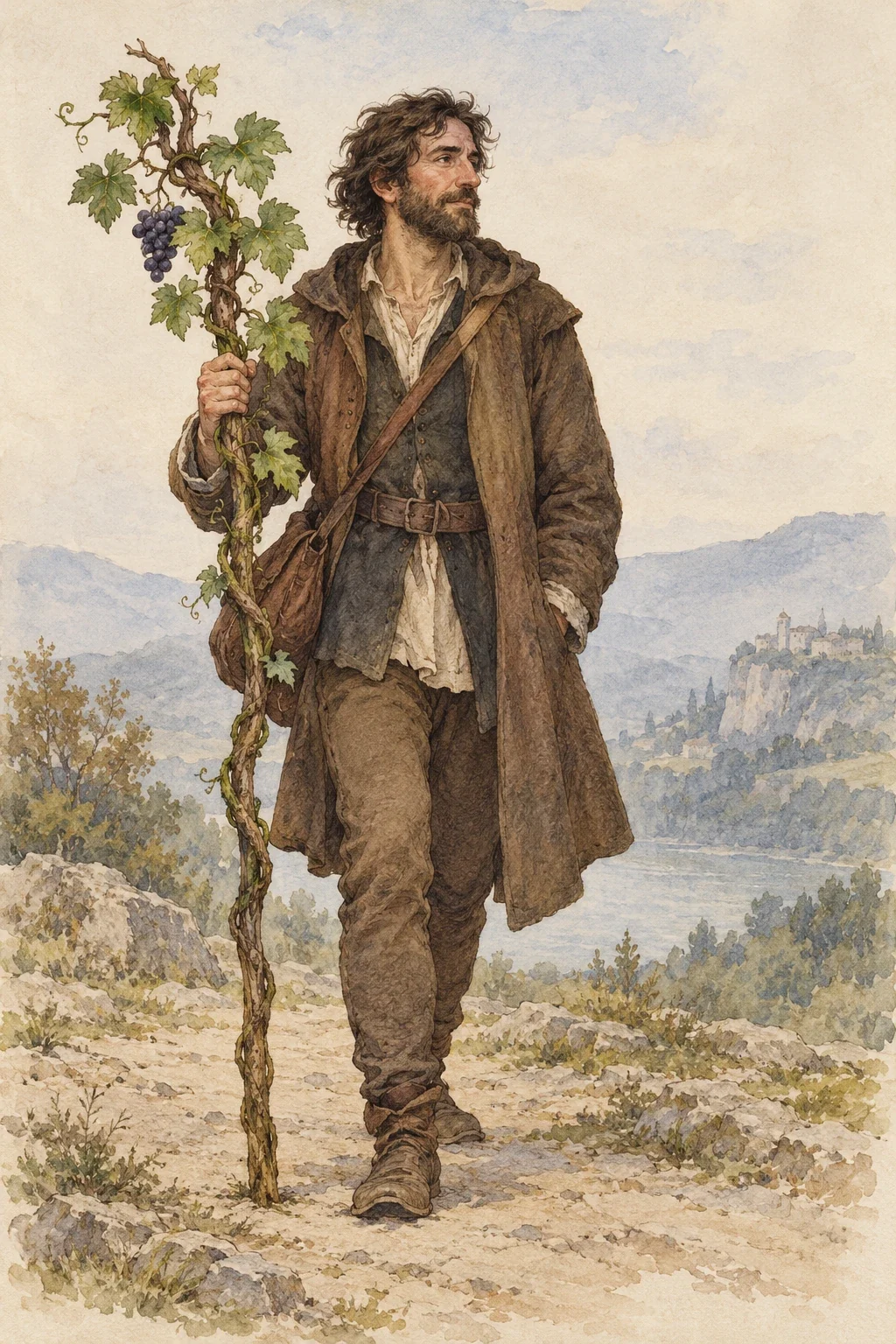 An imagined adult traveller holds a leafy grapevine as a walking stick.