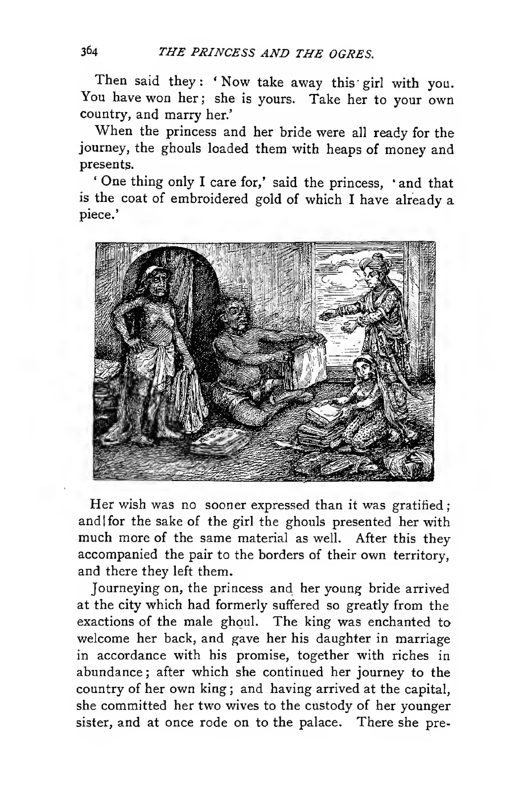 The ghoul spouses give embroidered cloth and gifts to the disguised princess and her bride, original 1892 illustration