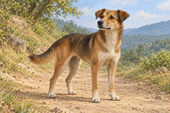 A complete ordinary dog stands attentively on a quiet path