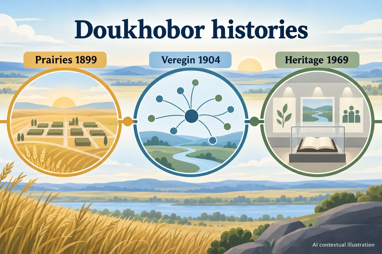 AI diagram of Doukhobor settlement milestones and heritage stewardship