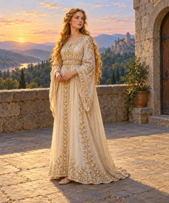 A golden-haired woman in a pearl-decorated robe stands on a castle terrace at dawn.