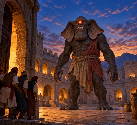 Imagined complete one-eyed charcoal giant with large ears towers above three sailors in a castle courtyard.