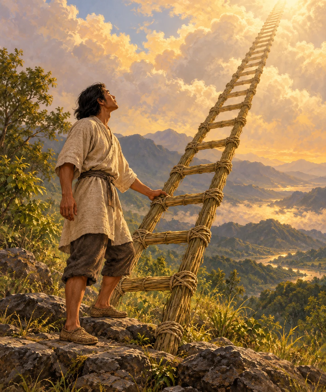 Saieahao preparing to climb a grass ladder; appearance, clothing and setting imagined.