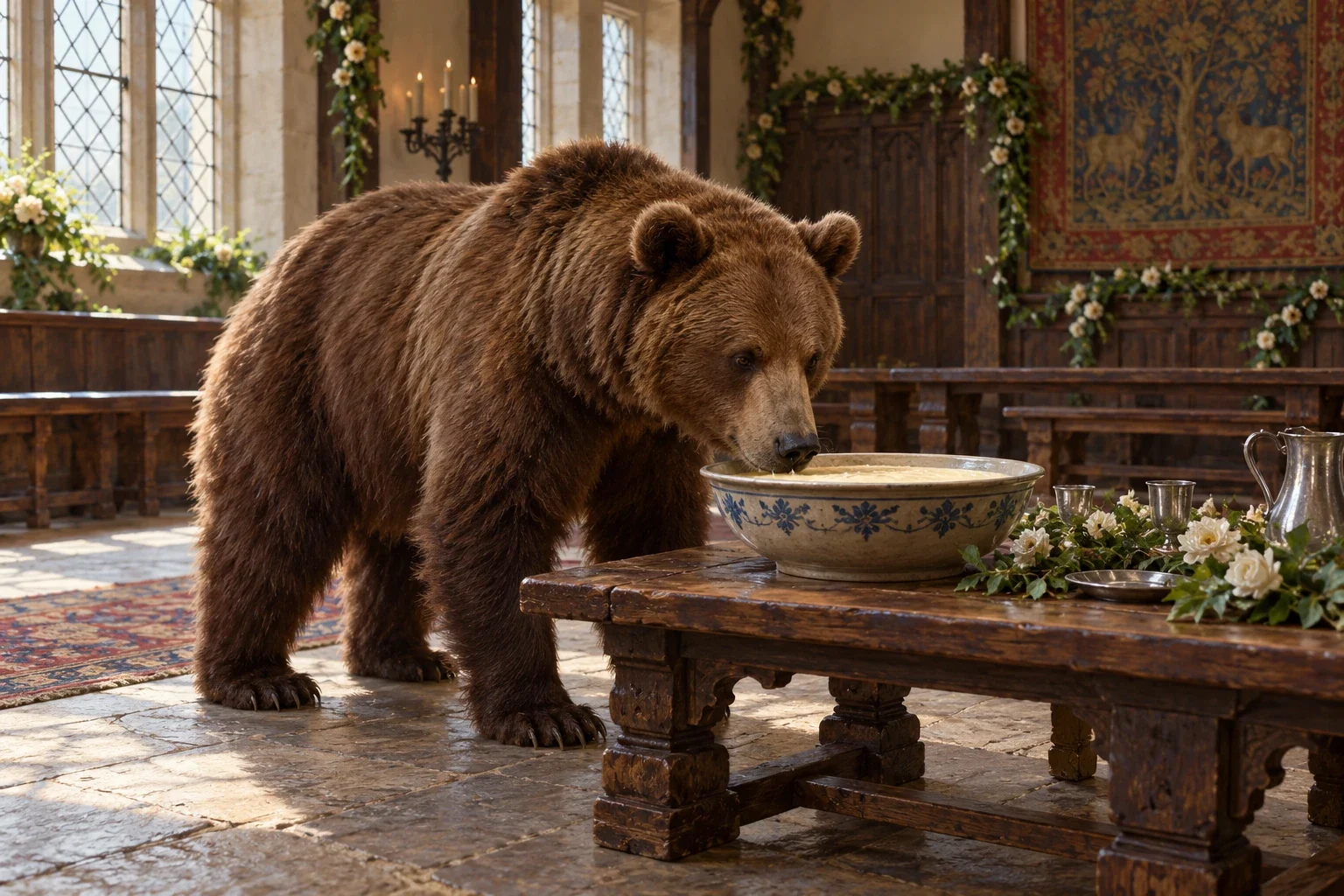 An ordinary brown bear beside a broad bowl of creamy posset in an imagined empty old English wedding hall