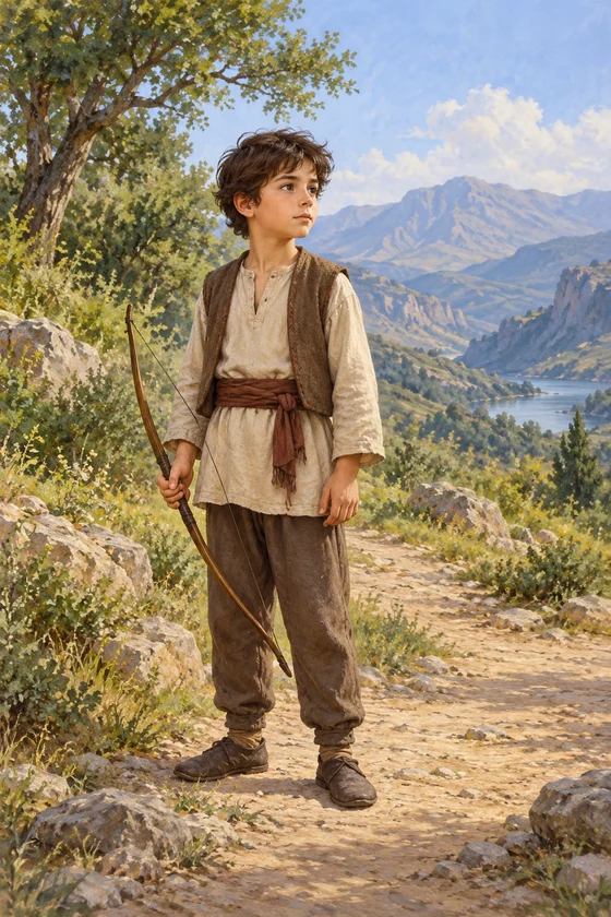 A fully clothed boy stands with a lowered simple bow beside a quiet path