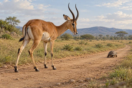 Complete imagined antelope watching a tortoise farther along an earthen track.
