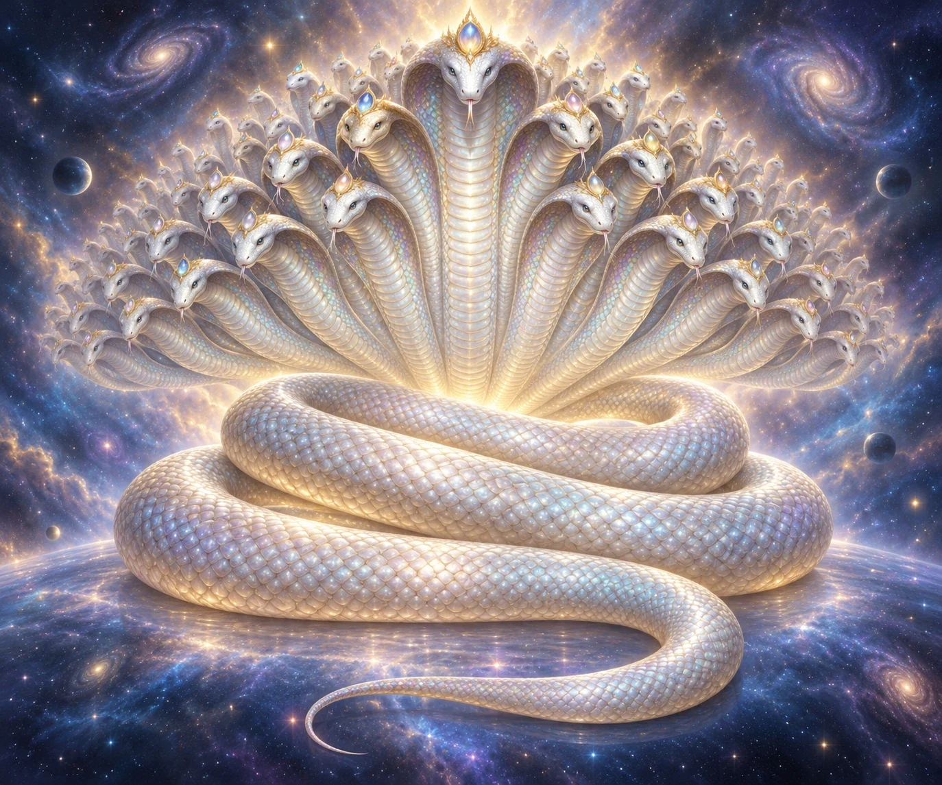 Symbolic luminous coiled Ananta/Śesha with dense receding ranks of jewel-crested serpent heads in imagined cosmic light