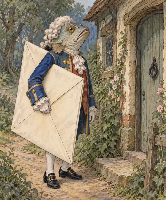 Unofficial modern AI interpretation of Carroll’s Fish-Footman with fish-like face, curled powdered hair, livery and an enormous invitation. Species-like details, costume colours, pose and house are imagined.