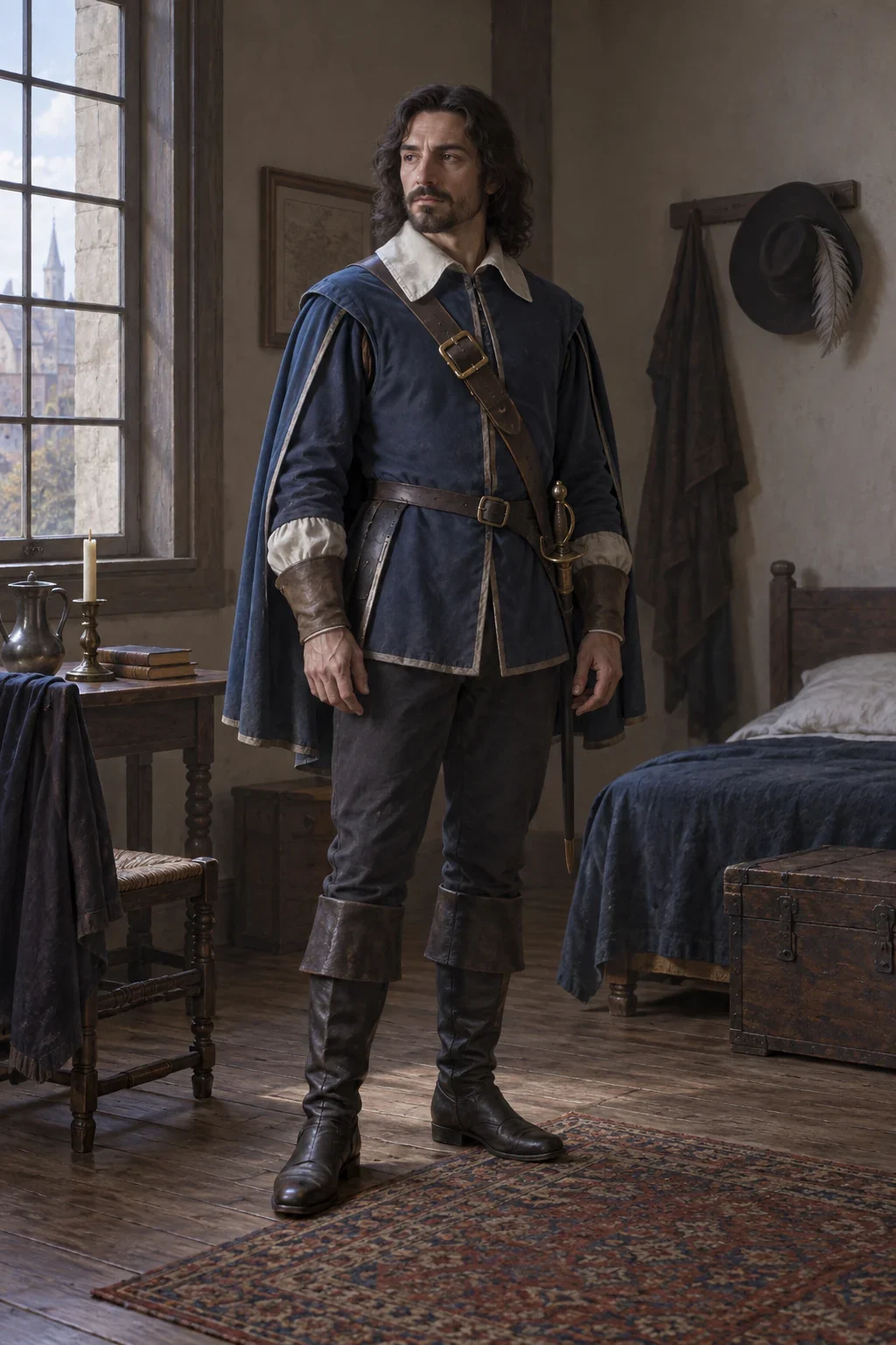 Imagined Athos in a quiet full-body first-novel portrait.