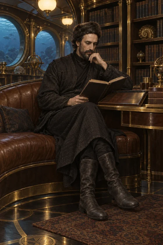 Unofficial AI interpretation of Captain Nemo seated on a brown-leather divan beside a reading desk in the Nautilus library.