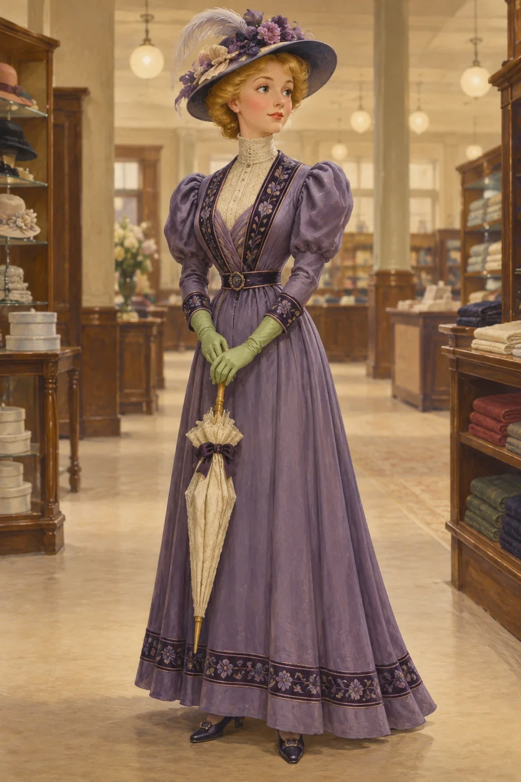 An adult-shaped wax mannequin with yellow hair and green gloves holds a closed parasol
