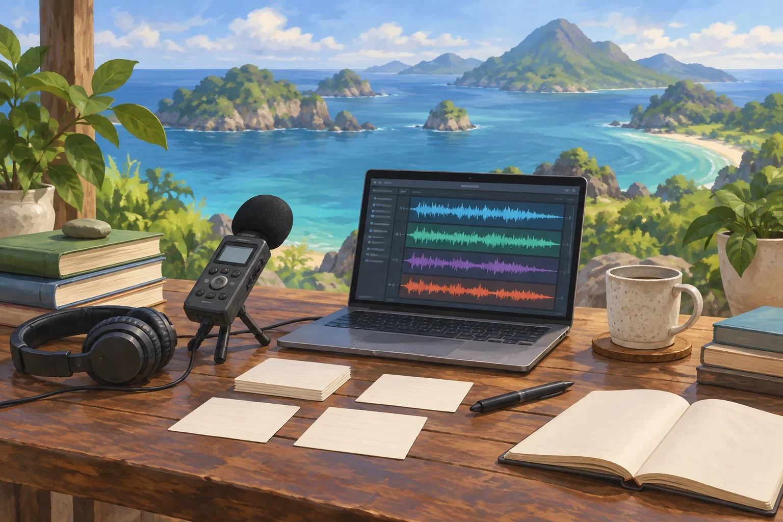 Imagined Dhao documentation desk with recorder and blank annotation panels