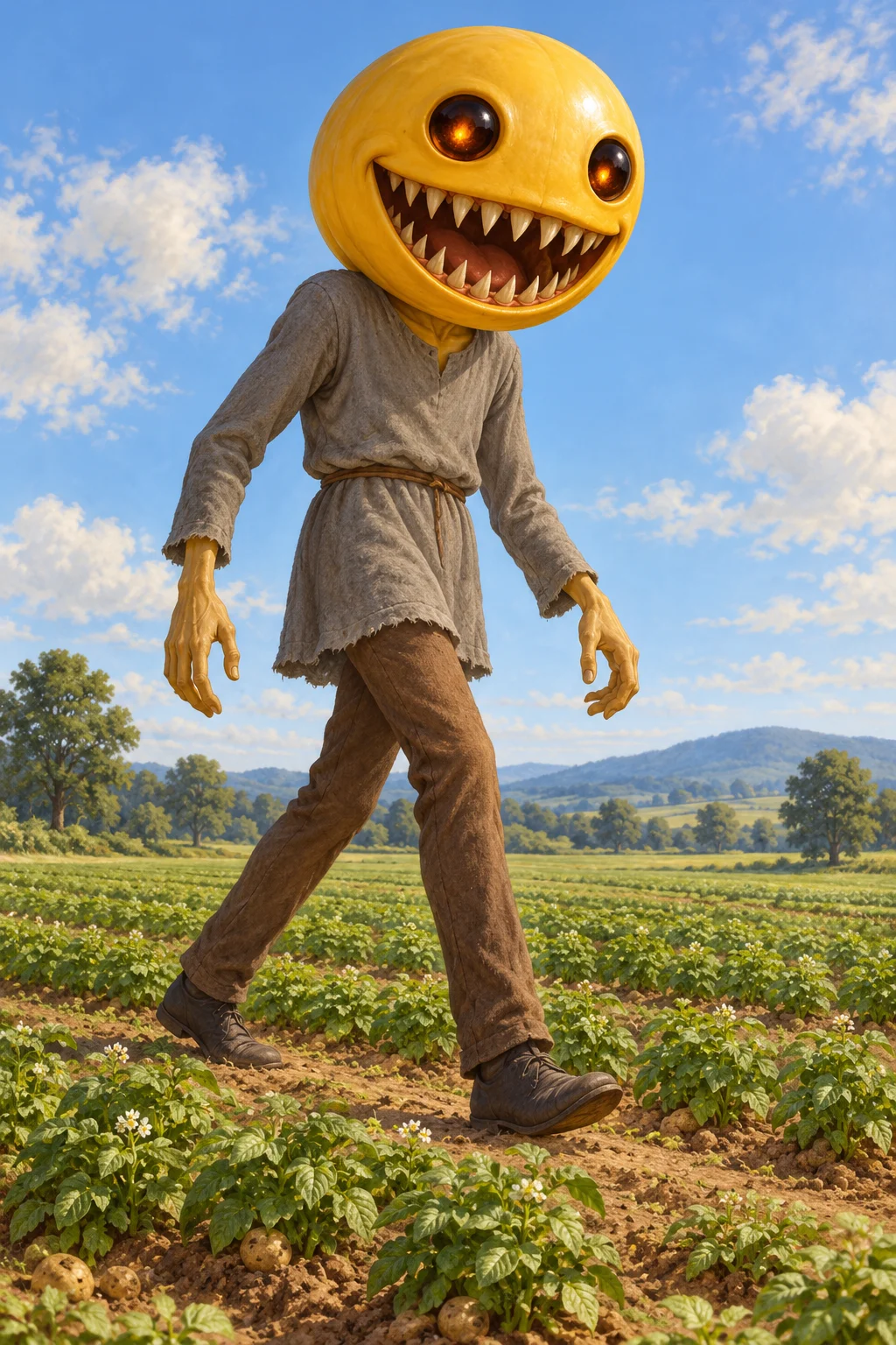 An enormous long-limbed giant with a smooth yellow head, glowing round eyes and a wide tooth-filled mouth beside potato rows.