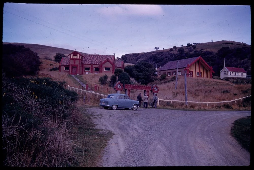 Ōtākou church, Tamatea meeting house and school on the Otago Peninsula, photographed by Leslie Adkin in 1959, Te Papa CT.010423