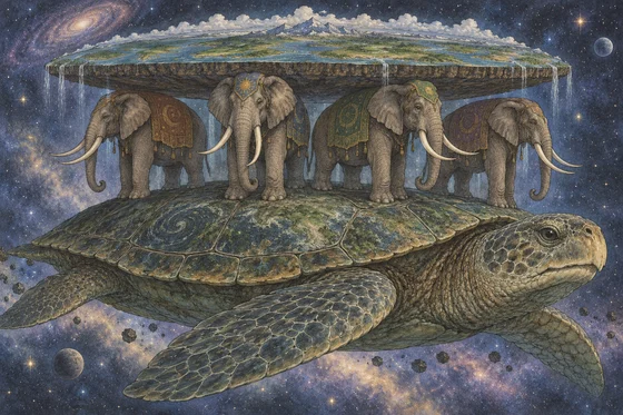 Four imagined world elephants support the Disc above Great A'Tuin.