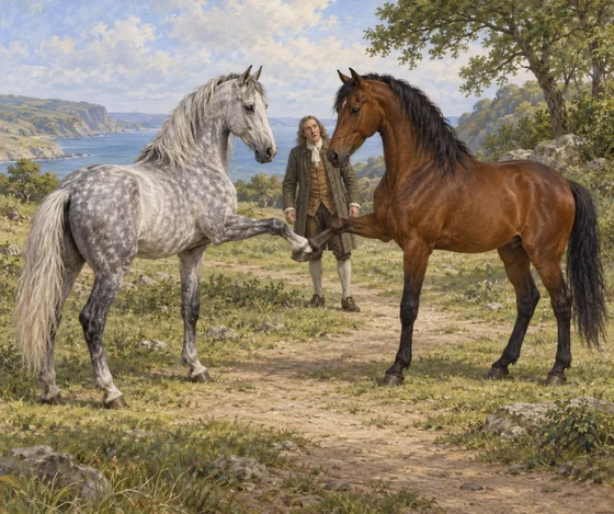 Modern AI interpretation of a dapple-gray and brown-bay Houyhnhnm touching right forehooves in greeting while Gulliver watches. Equine bodies and greeting follow the selected passage; composition and fine features are imagined.