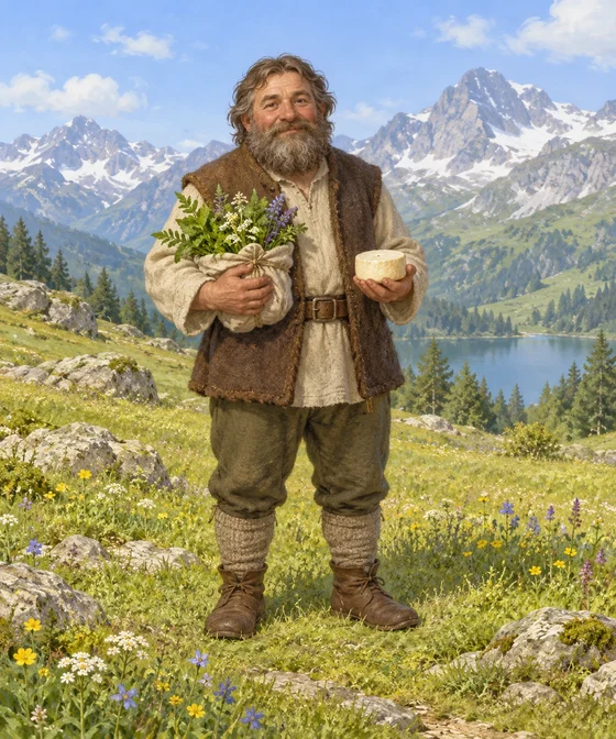 A dwarf helper holds a parcel of leafy plants and a small pale cheese in a mountain meadow.