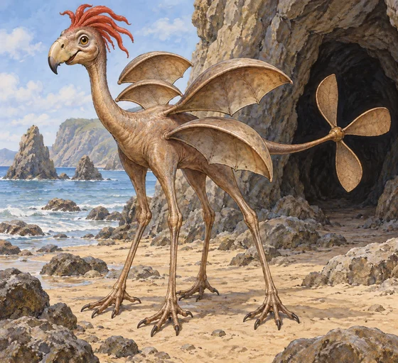 Unofficial AI interpretation of Baum’s Ork: four skin wings, four stork-like legs, scarlet crest and organic propeller tail. Skin colour, tail blade count, pose and shore setting are imagined.