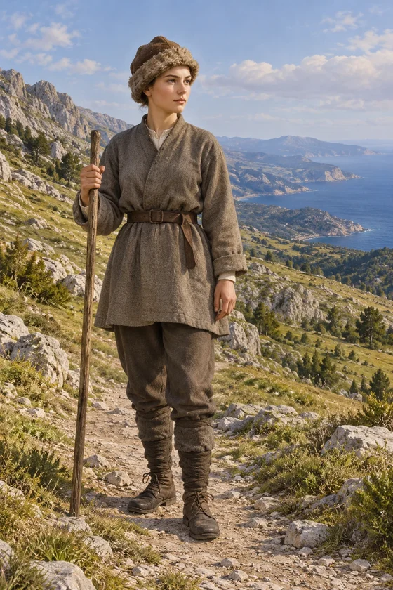 Complete youthful shepherdess in practical clothing and fur cap, holding a staff.