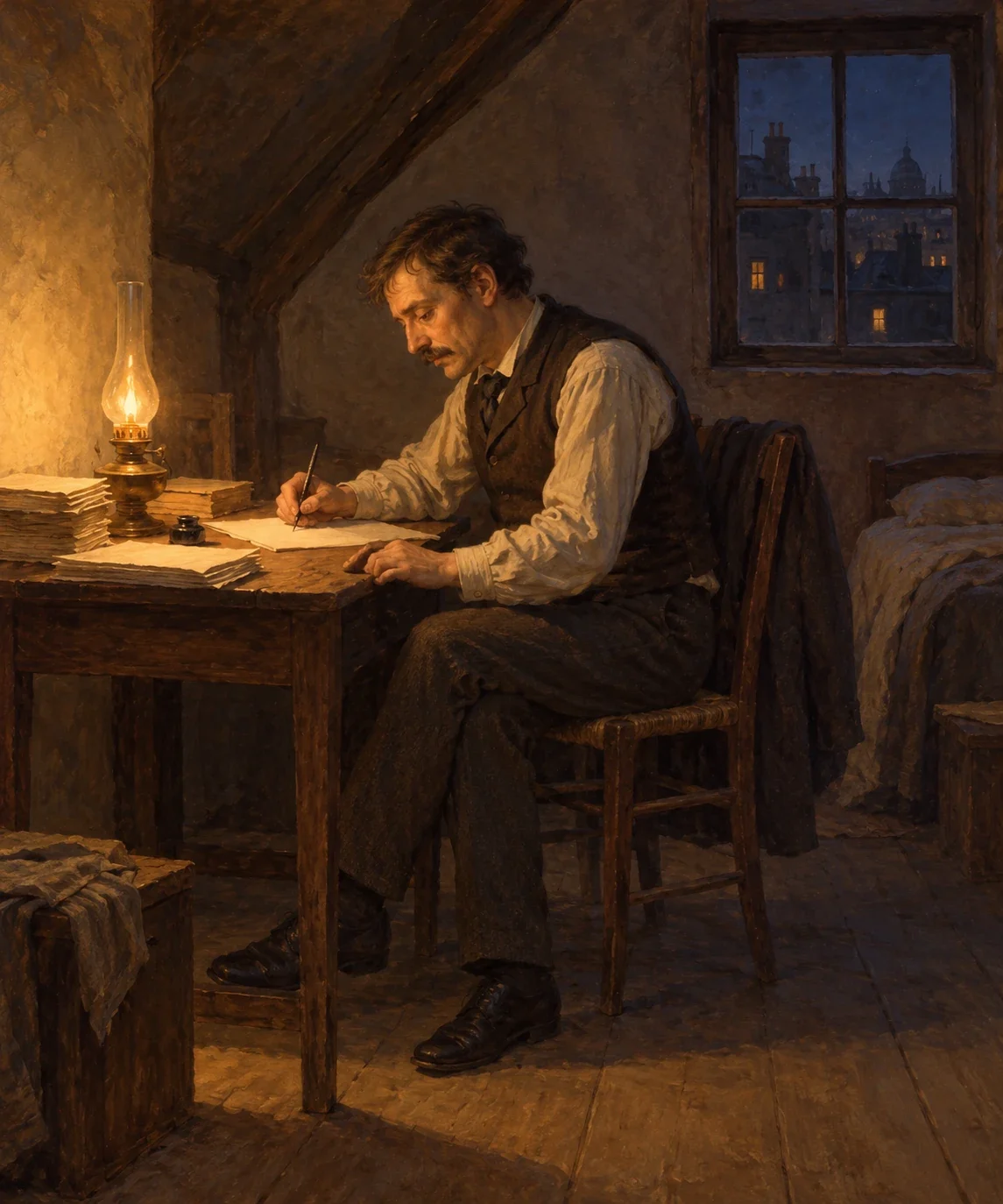 AI interpretation of Monsieur Loisel doing extra copying work at night in modest Paris lodgings.
