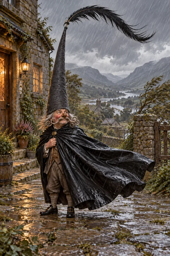 Modern AI interpretation of Southwest Wind Esquire; the towering cap and storm cloak follow the text, while face and setting are imagined.
