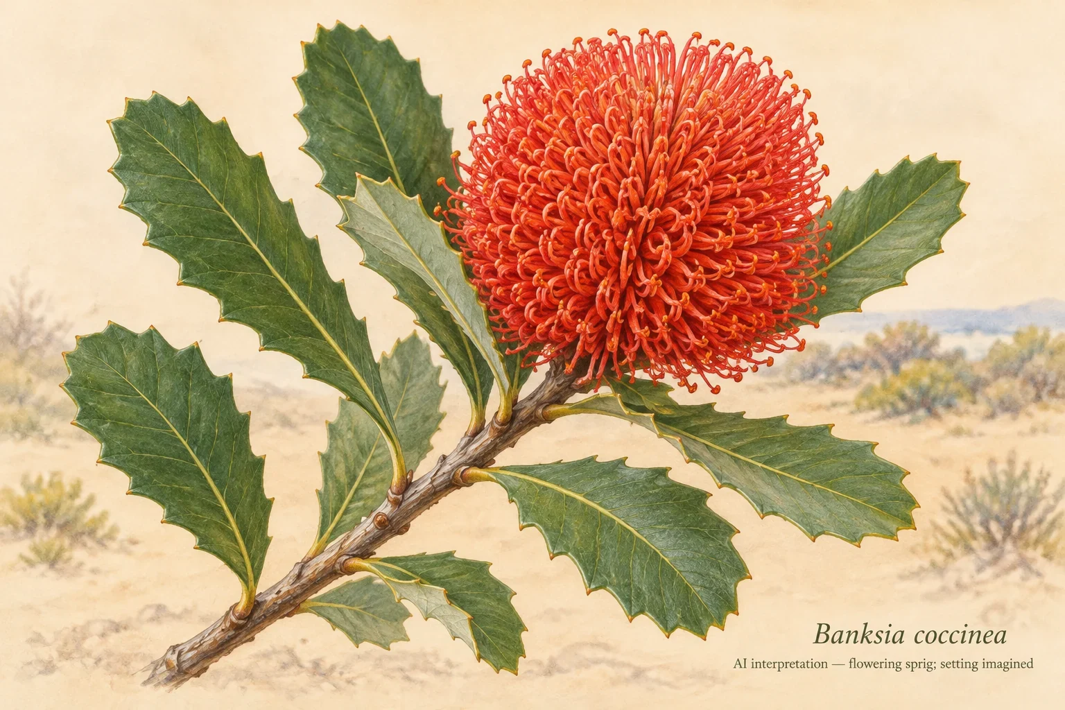 AI scarlet banksia spike with broad toothed leaves.